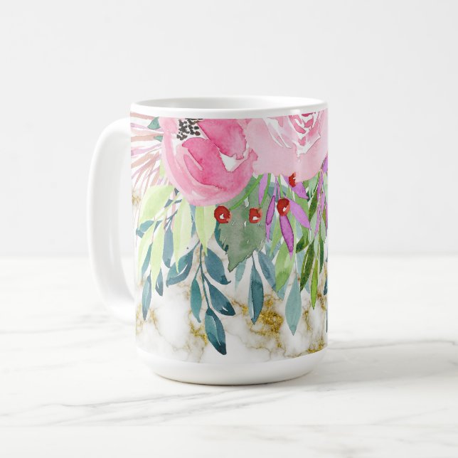 Aquarellblume und goldener Marmor Kaffeetasse (Vorderseite Links)