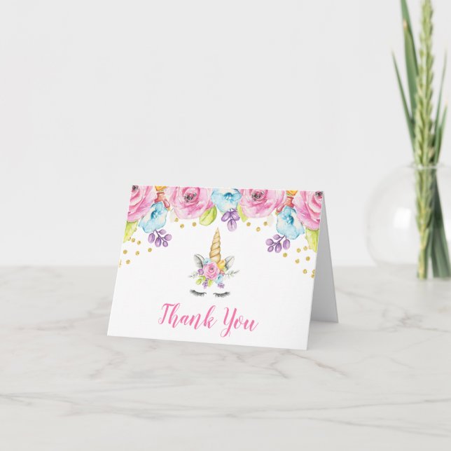 Aquarellblume Unicorn Vielen Dank Dankeskarte (Vorderseite)