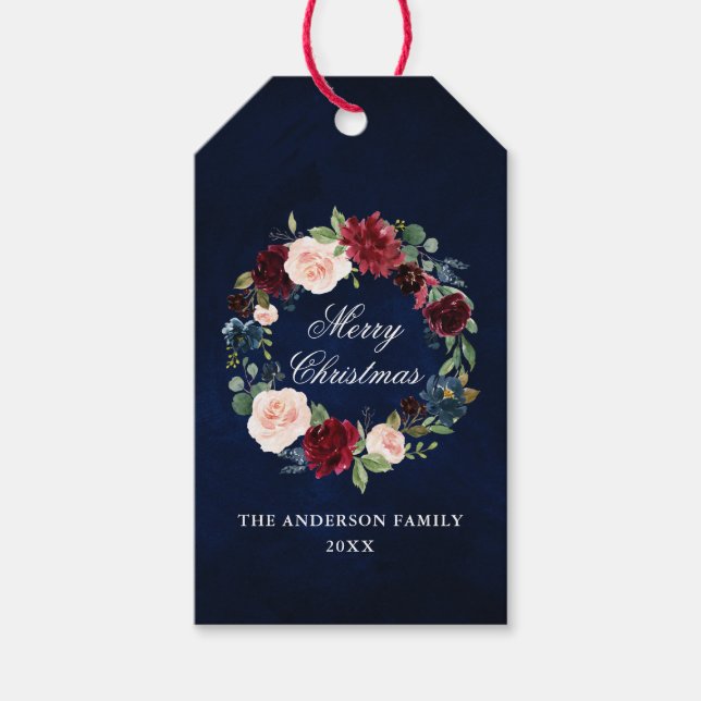 Aquarellblume Wreath Frohe Weihnachten Blau Geschenkanhänger (Vorderseite)
