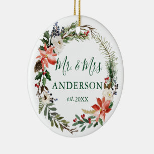 Aquarellblume Wreath Neu verheiratetes FOTO BACK Keramik Ornament