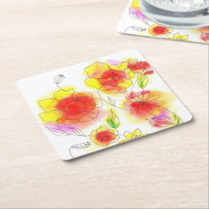 Aquarellblumen abstrakt, rot und gelb rechteckiger pappuntersetzer