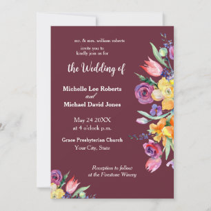 Aquarellblumen auf bordeauxroter Hochzeitseinladun Einladung