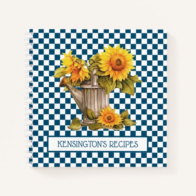 Aquarellblumen Blauer Schachbrettmuster Notizbuch (Vorderseite)