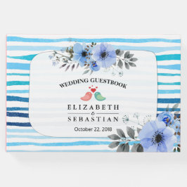 Aquarellblumen & Blauer Streifen Hochzeitsbuch Gästebuch
