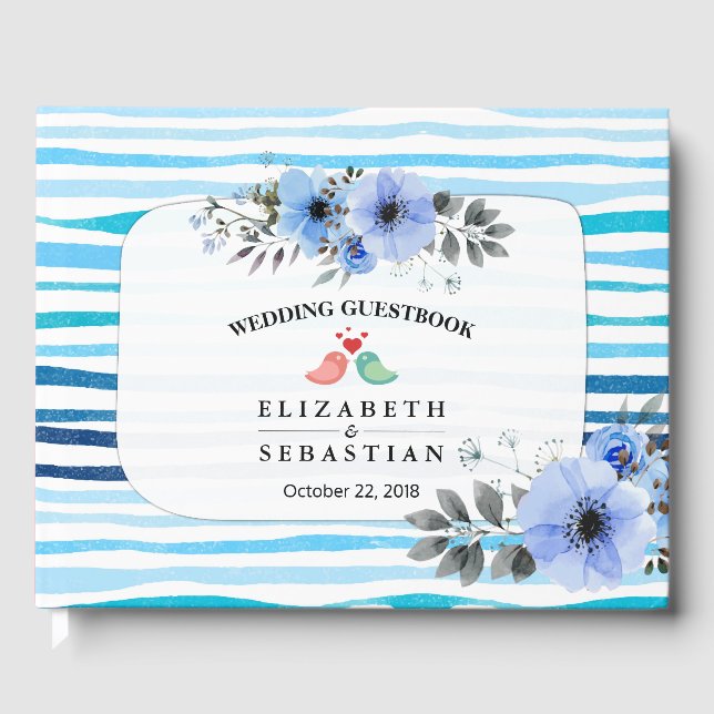 Aquarellblumen & Blauer Streifen Hochzeitsbuch Gästebuch (Vorderseite)