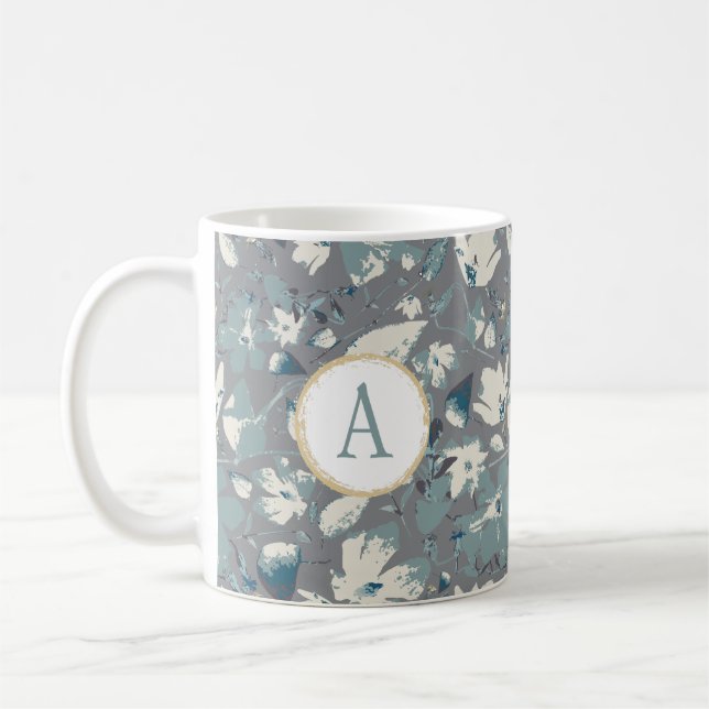 Aquarellblumen Clematis Grau Blue Monogram Kaffeetasse (Links)