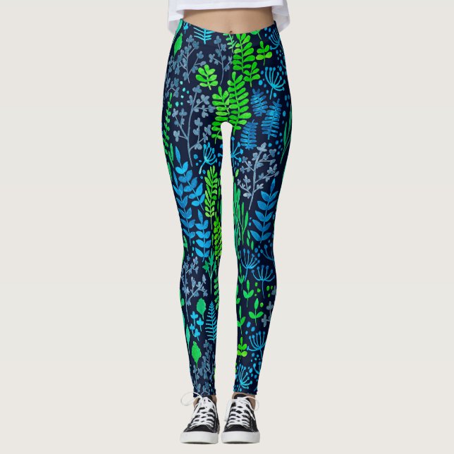 Aquarellblumen-Doodles dunkler Hintergrund Leggings (Vorderseite)