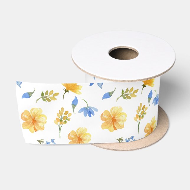 Aquarellblumen Gelb und Blau Blumen Satinband (Spule)