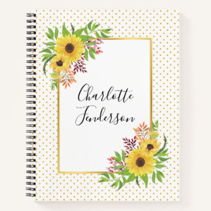 Aquarellblumen, gelbe und weiße Polka-Punkte Notizbuch