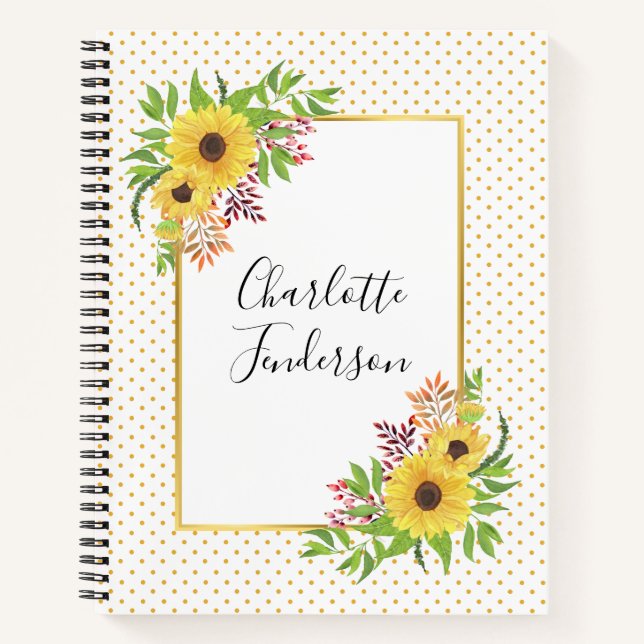 Aquarellblumen, gelbe und weiße Polka-Punkte Notizbuch (Vorderseite)