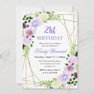 Aquarellblumen Goldrahmen 21. Geburtstag Einladung