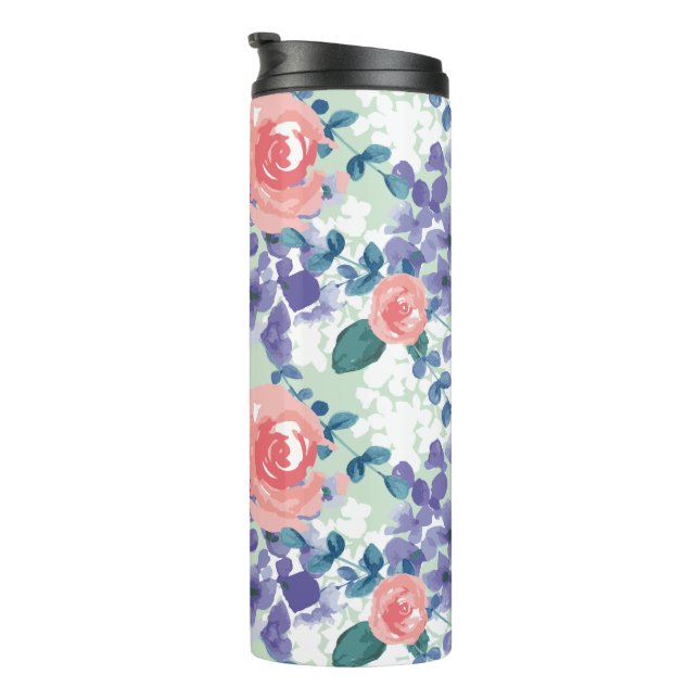 Aquarellblumen Grünrosa Lila Hydrangeas Thermosbecher (Nach rechts gedreht)