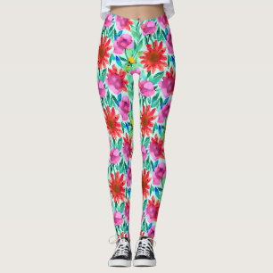 Aquarellblumen in Türkis, Rot und Pink Leggings