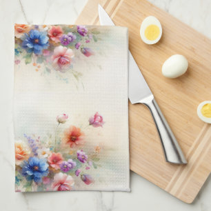 Aquarellblumen Lila Gelb Rot Blau Grün Geschirrtuch
