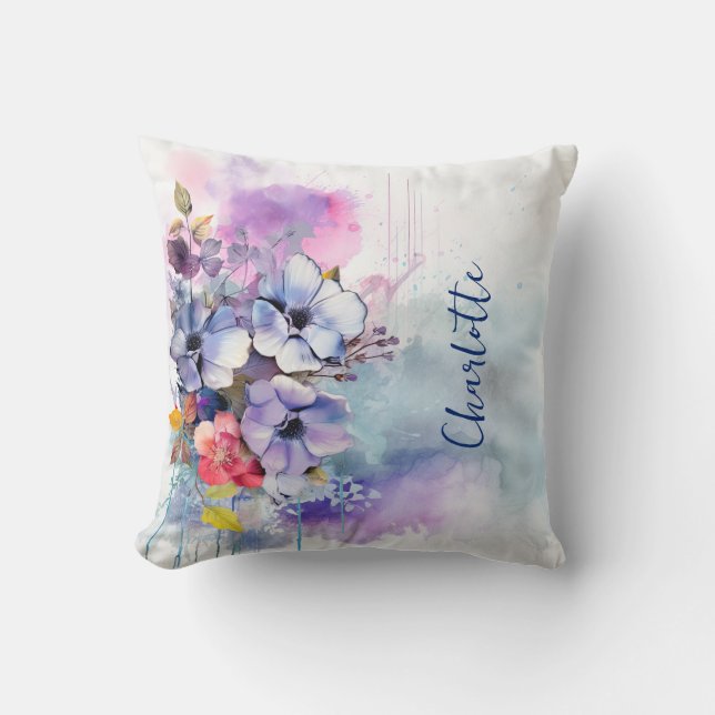 Aquarellblumen Lila Personalisiert Kissen (Vorderseite)