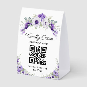 Aquarellblumen lila Qr-Code Hochzeitsmenü Tischaufsteller
