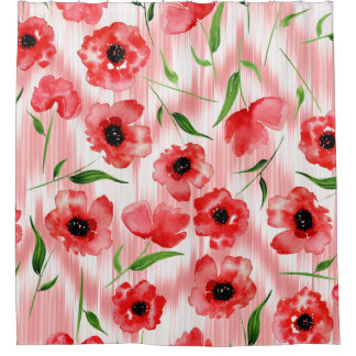 Aquarellblumen: Mohn-Pfingstrose-Ikat. Duschvorhang