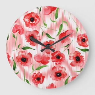 Aquarellblumen: Mohn-Pfingstrose-Ikat. Große Wanduhr