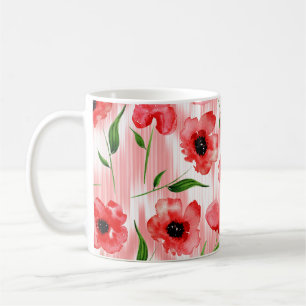 Aquarellblumen: Mohn-Pfingstrose-Ikat. Kaffeetasse