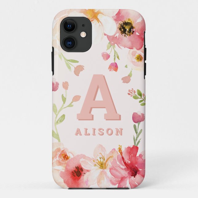 Aquarellblumen-Monogramm + Name personalisieren Case-Mate iPhone Hülle (Rückseite)