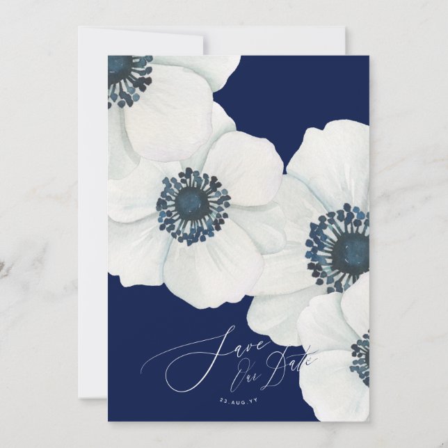 Aquarellblumen Navy Blue & White Wedding Save The Date (Rückseite)
