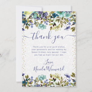 Aquarellblumen, Navy und Blauer Blumen Sweet 16 Dankeskarte