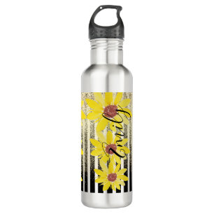 Aquarellblumen Streifen Mit Monogramm Name Edelstahlflasche