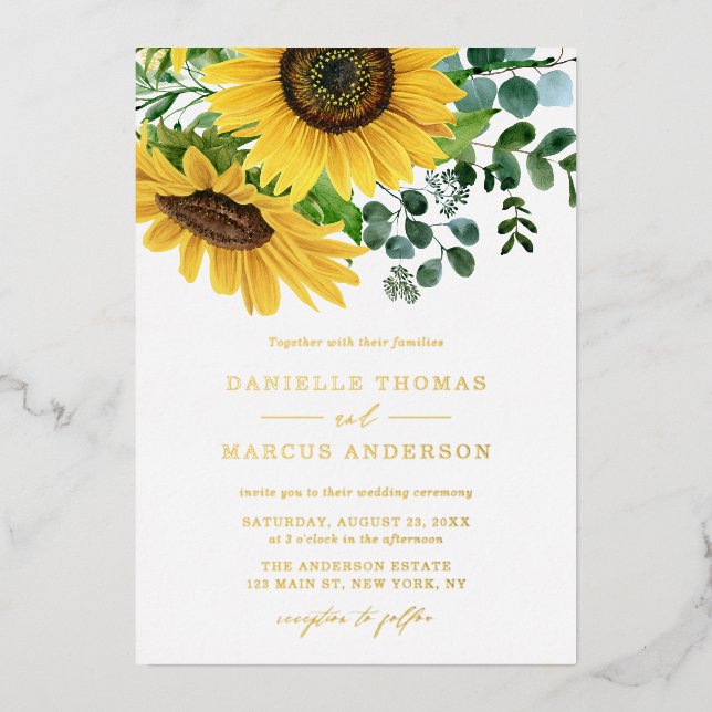 Aquarellblumen und Eukalyptus-Hochzeit Folieneinladung (Vorderseite)