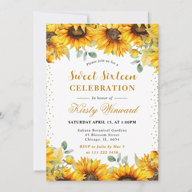 Aquarellblumen und Goldener Glitzer Süß 16 Einladung (Vorderseite)