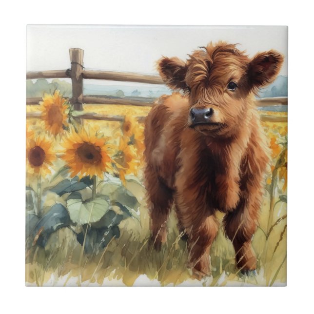 Aquarellblumen und Hochlandkalb Fliese (Vorderseite)