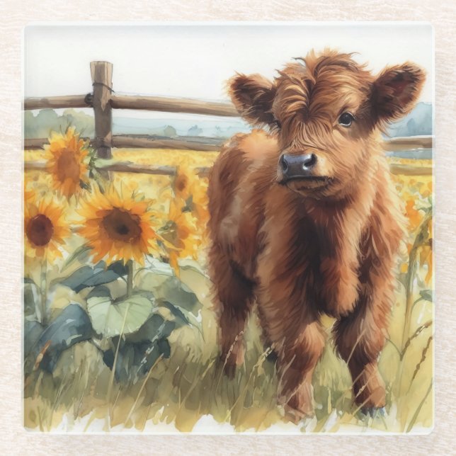 Aquarellblumen und Hochlandkalb Glasuntersetzer (Vorderseite)