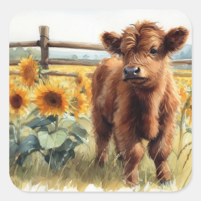 Aquarellblumen und Hochlandkalb Quadratischer Aufkleber (Vorderseite)