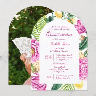 Aquarellblumen Zitronen Foto Quinceañera Einladung