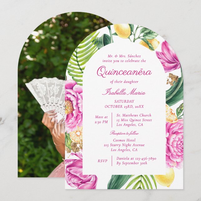 Aquarellblumen Zitronen Foto Quinceañera Einladung (Vorne/Hinten)