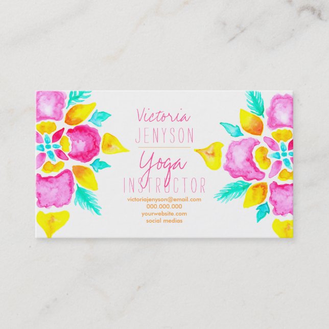 AquarellblumenMandala-Yogalehrer Visitenkarte (Vorderseite)