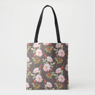 Aquarellblumenmuster von Hunden und Rose und Roter Tasche