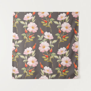Aquarellblumenmuster von Hunden und Rose und Roter Wandteppich