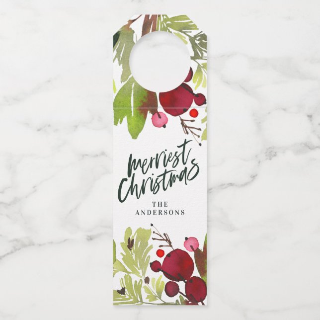 Aquarellblumenskript der frohsten Weihnachten Flaschenanhänger (Vorderseite)