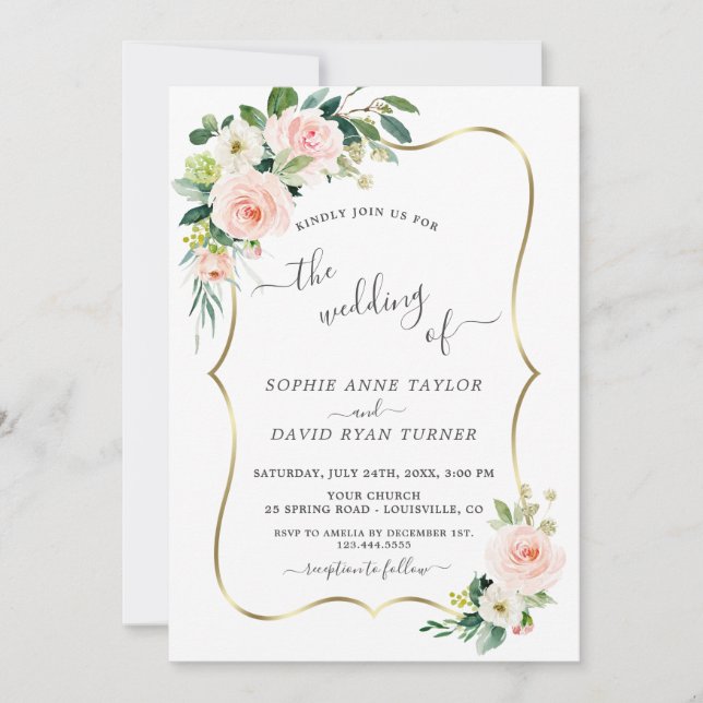 Aquarellblush Blume Goldkalligrafie Hochzeit Einladung (Vorderseite)
