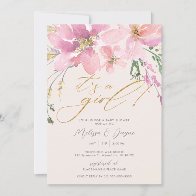 Aquarellblüte Es ist eine Girl Baby Dusche Einladung (Vorderseite)