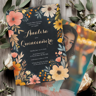 Aquarellblüte im Dunkeln Quinceñera CUSTOM-Foto Einladung