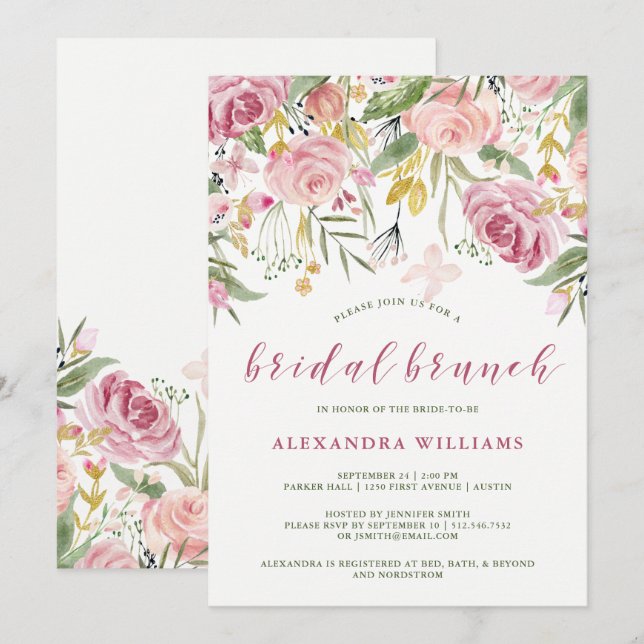Aquarellblüte rosa | Gold Floral Bridal Brunch Einladung (Vorne/Hinten)