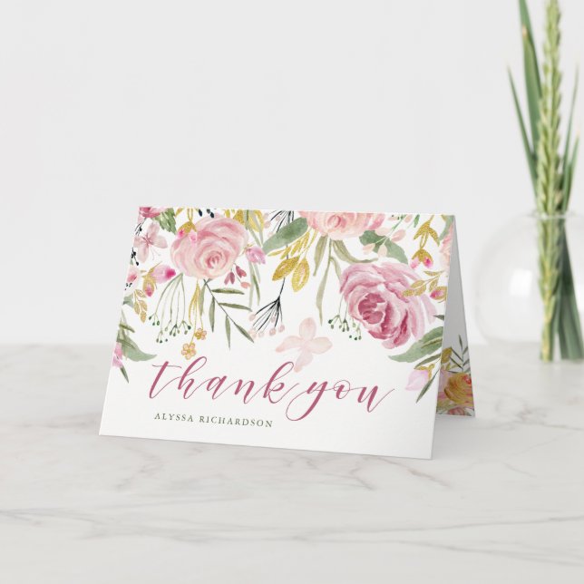 Aquarellblüte rosa | Gold Floral Vielen Dank Dankeskarte (Vorderseite)