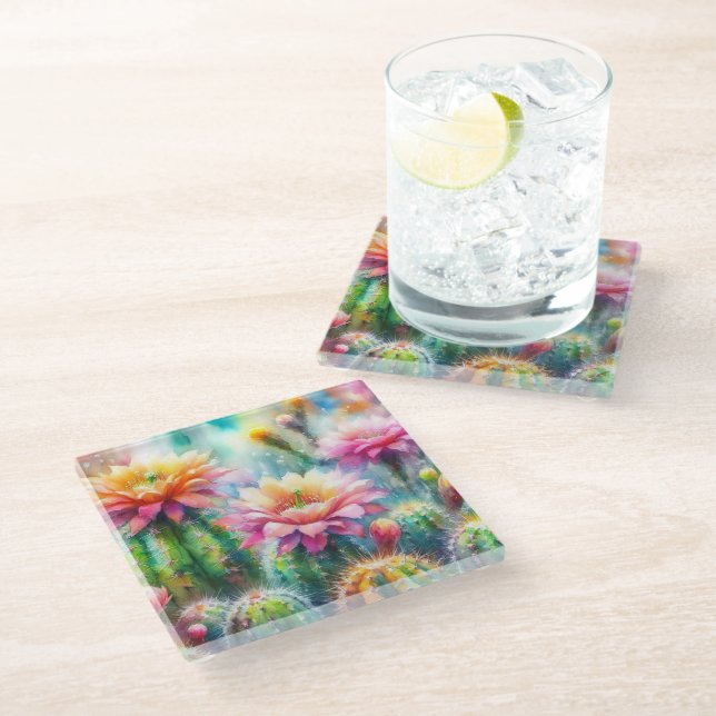 Aquarellblüte Sukkulente Kakteen Glasuntersetzer (Schrägansicht)