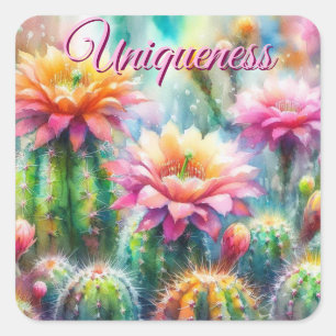 Aquarellblüte Sukkulente Kakteen Pink Quadratischer Aufkleber