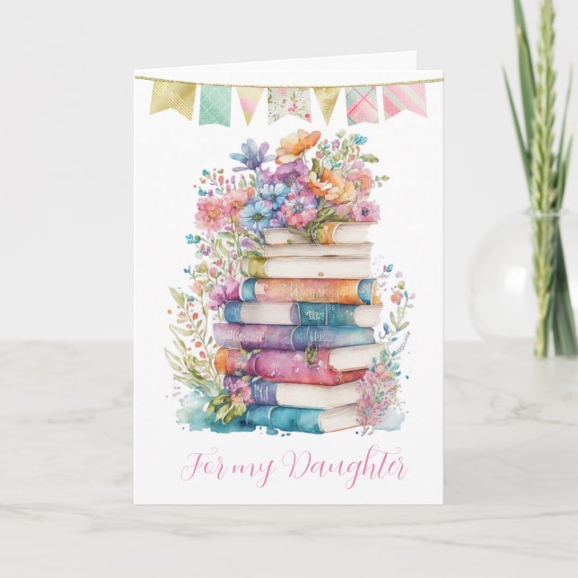Aquarellblüte und Bücher Geburtstags-Tochter Karte (Vorderseite)