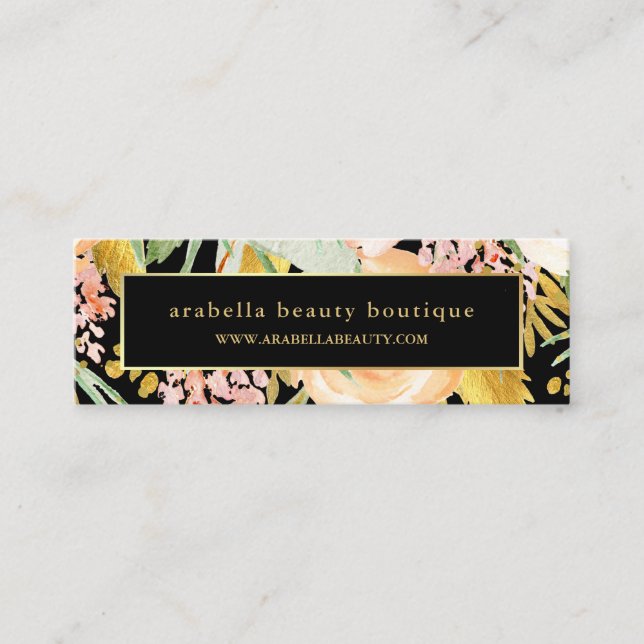 Aquarellblüten| Gold und Peach Floral auf Schwarz Mini Visitenkarte (Vorderseite)