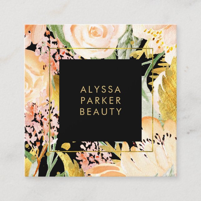 Aquarellblüten| Gold und Peach Floral auf Schwarz Quadratische Visitenkarte (Vorderseite)