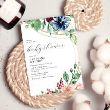 Aquarellblüten, Grünpflanzen und Gold Baby Dusche