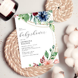Aquarellblüten, Grünpflanzen und Gold Baby Dusche Einladung